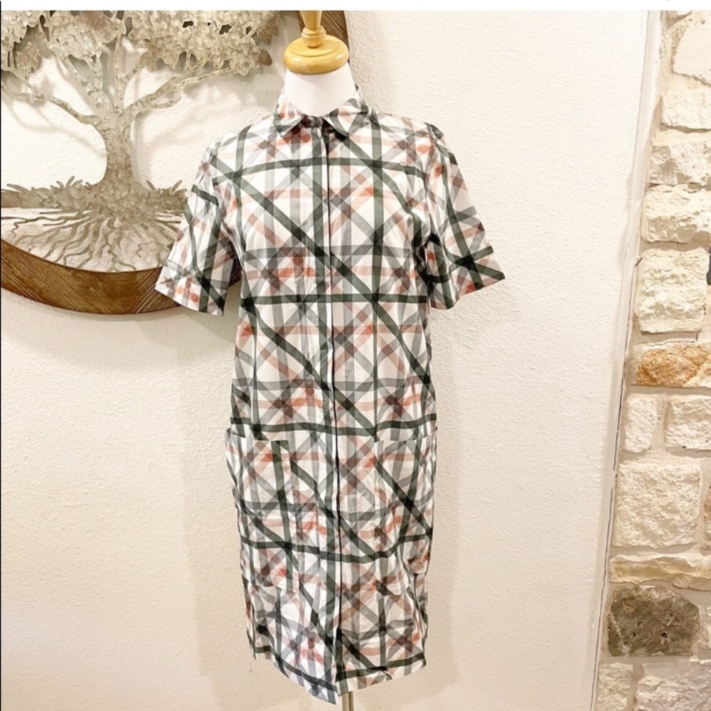 NWT COS Plaid Shirt Dress Pocket Shift White Pink Gray 8